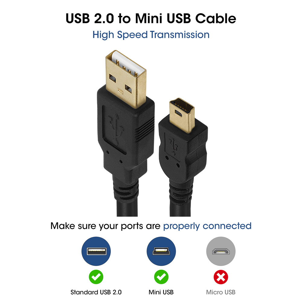 USB 2.0 A Male To Mini B Male 5-Pin Nickel-Plated Cable - 3 Feet